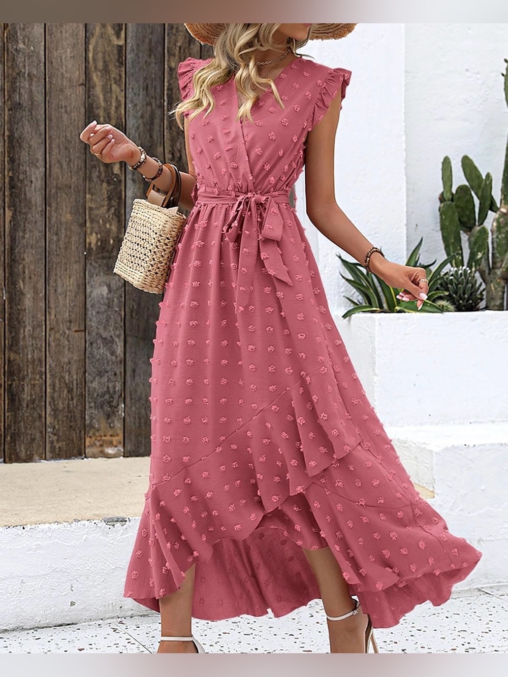 Boho Maxi Dress Women Swiss Dot Ruffle Cap Sleeve Beach Wedding Cocktail Size S